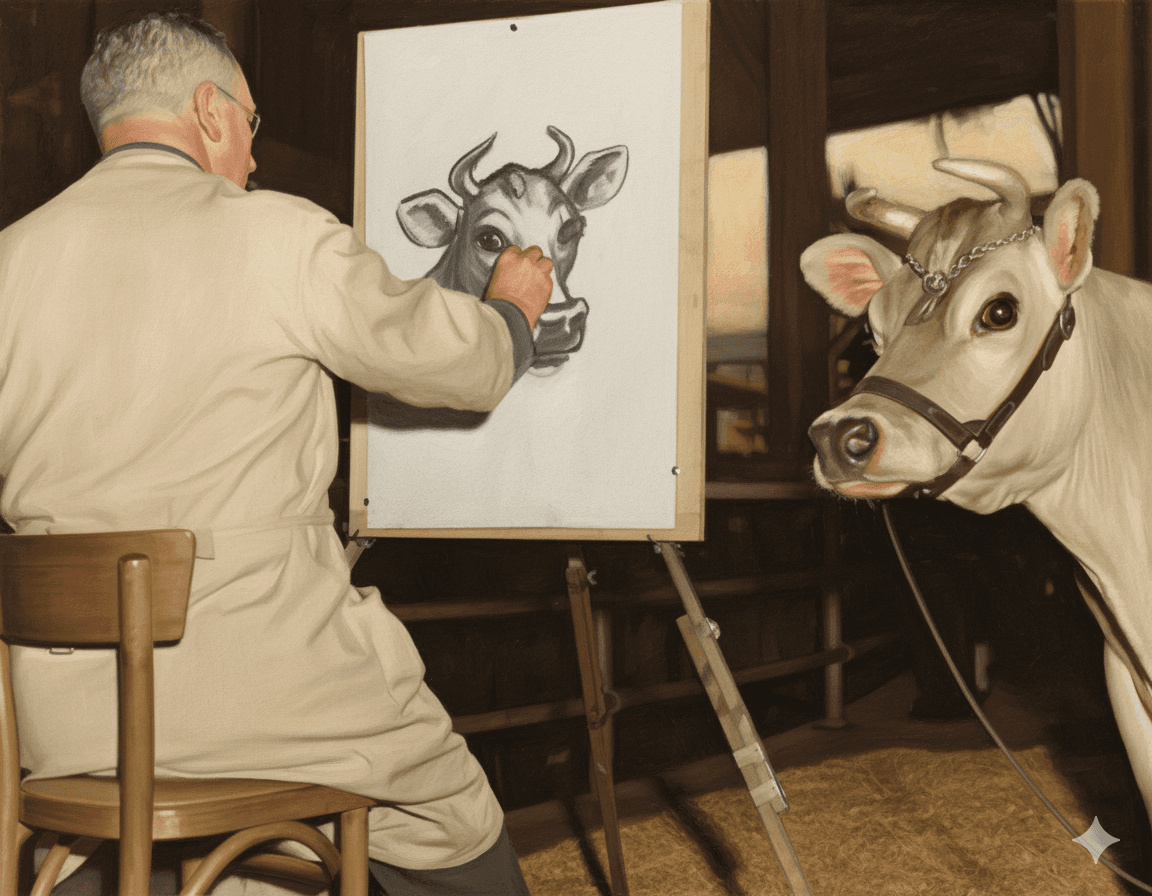 Friendly cartoon cow illustration, smiling cow mascot, cheerful dairy cow character, vintage advertising style - Shohre Sagharchiha on Unsplash