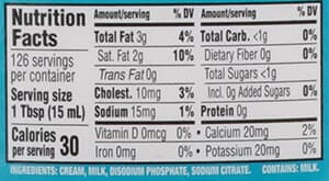 Light Cream Nutrition Facts