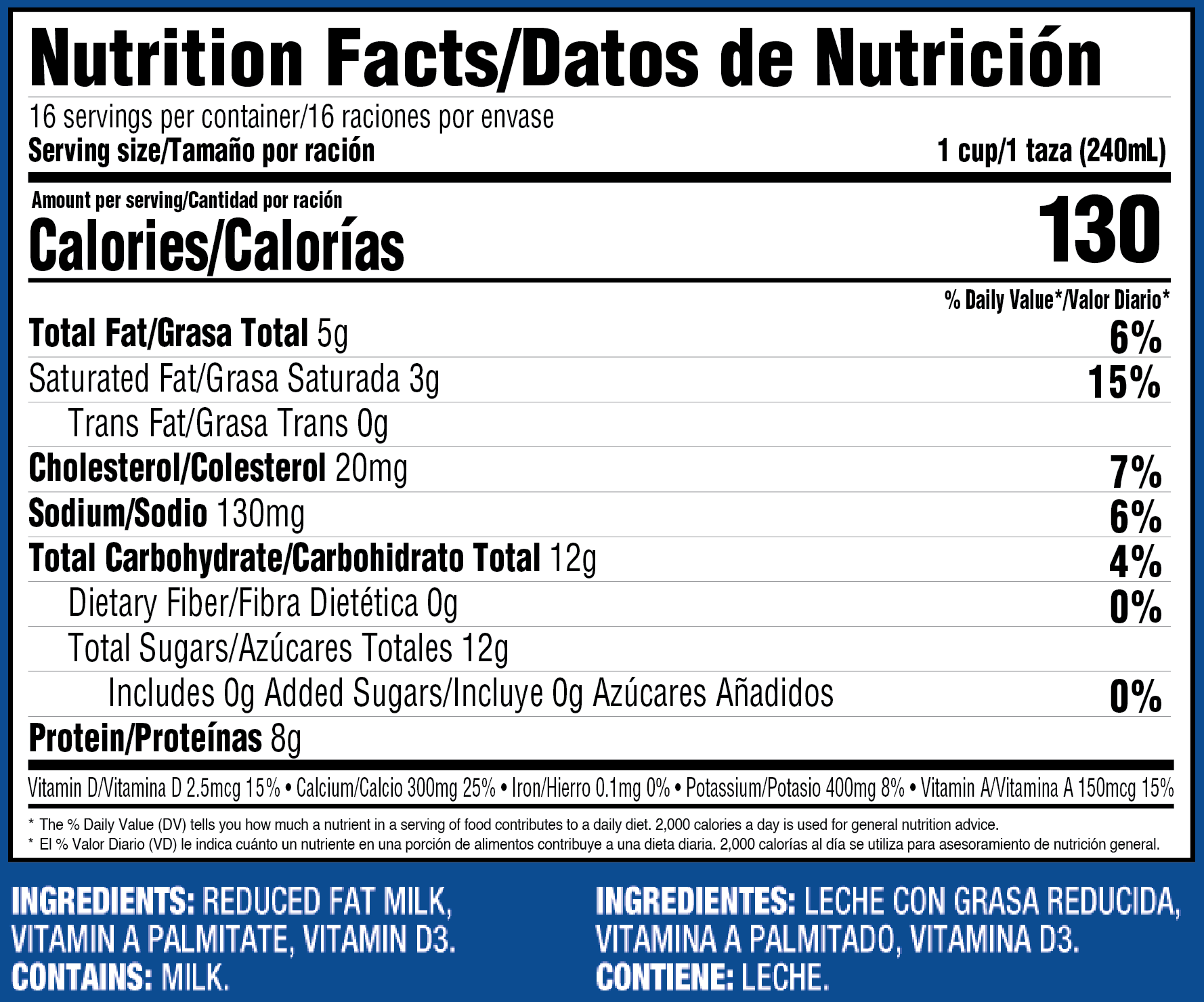 Reduced Fat Milk Nutrition Label | Borden Dairy